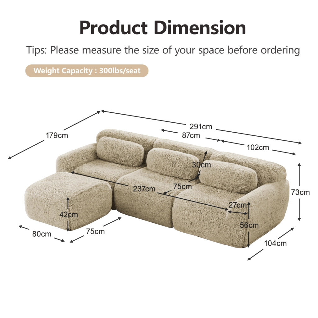 OKWISH Divano Angolare Modulare, Seduta Profonda Senza Struttura con Base Antiscivolo, Tessuto Peluche, Cachi Chiaro