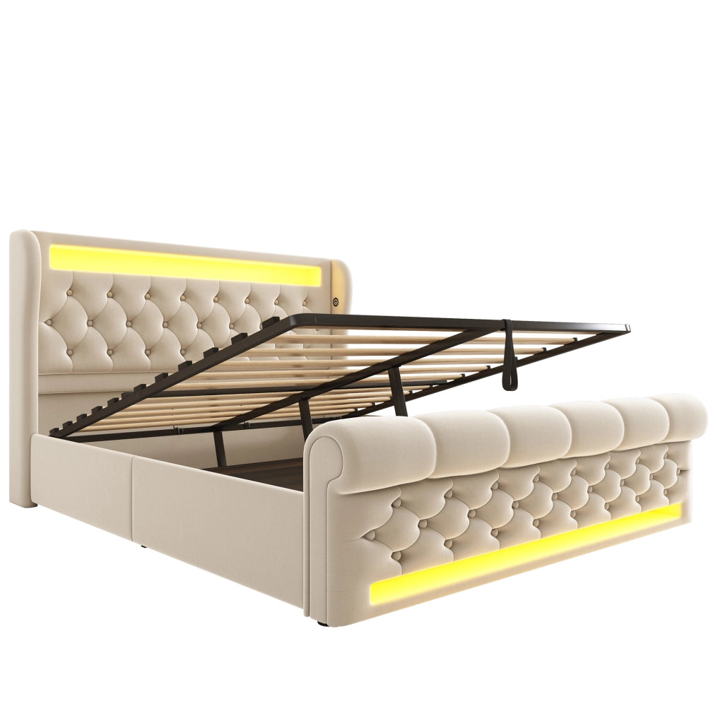 Letto matrimoniale imbottito 160x200 cm in velluto beige con LED; contenitore e USB Type-C