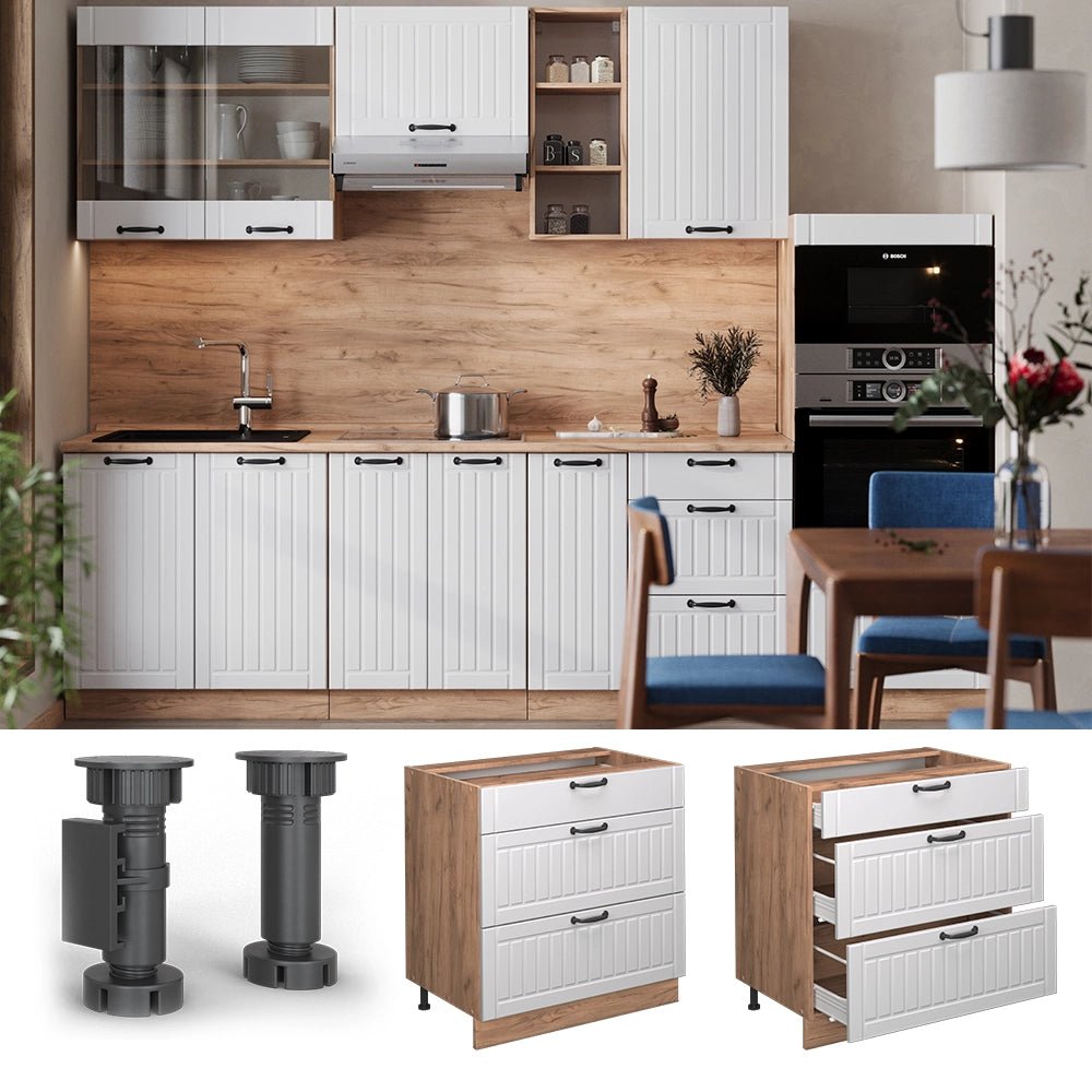 Vicco Mobiletto base per cucina Bianco casa di campagna 80 cm con 3 cassetti, senza piano di lavoro