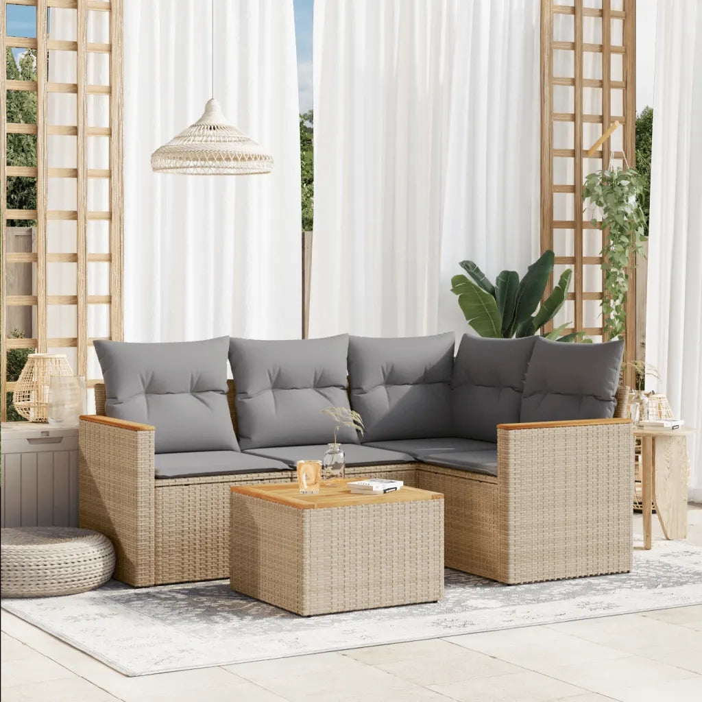 Set Divano da Giardino 5 pz | Set Salotto da Giardino con Cuscini Beige Misto Polyrattan