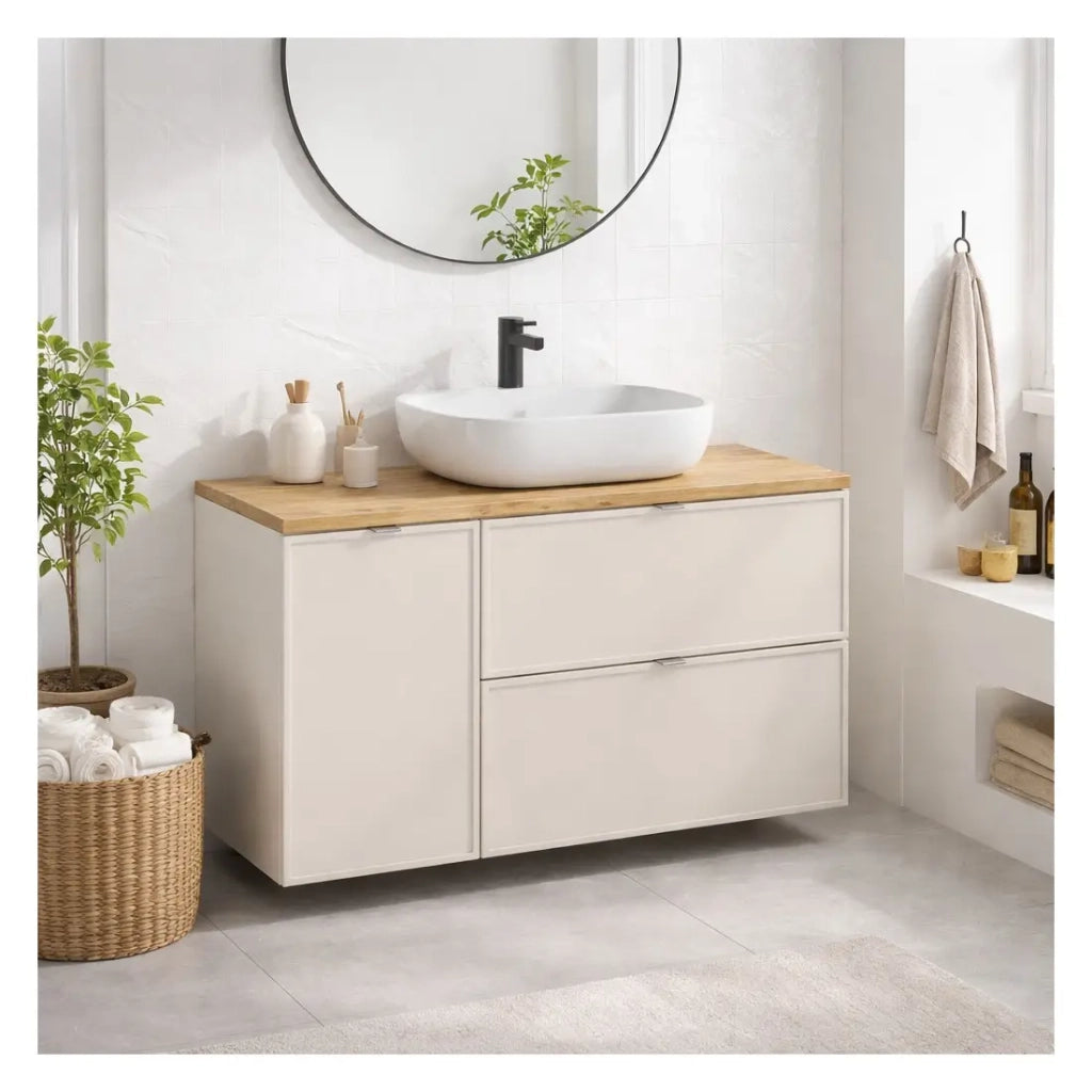 Set da bagno BRAZZA: mobile sotto lavabo 120cm con cesto per la biancheria integrato + piano per lavabo + lavabo da appoggio