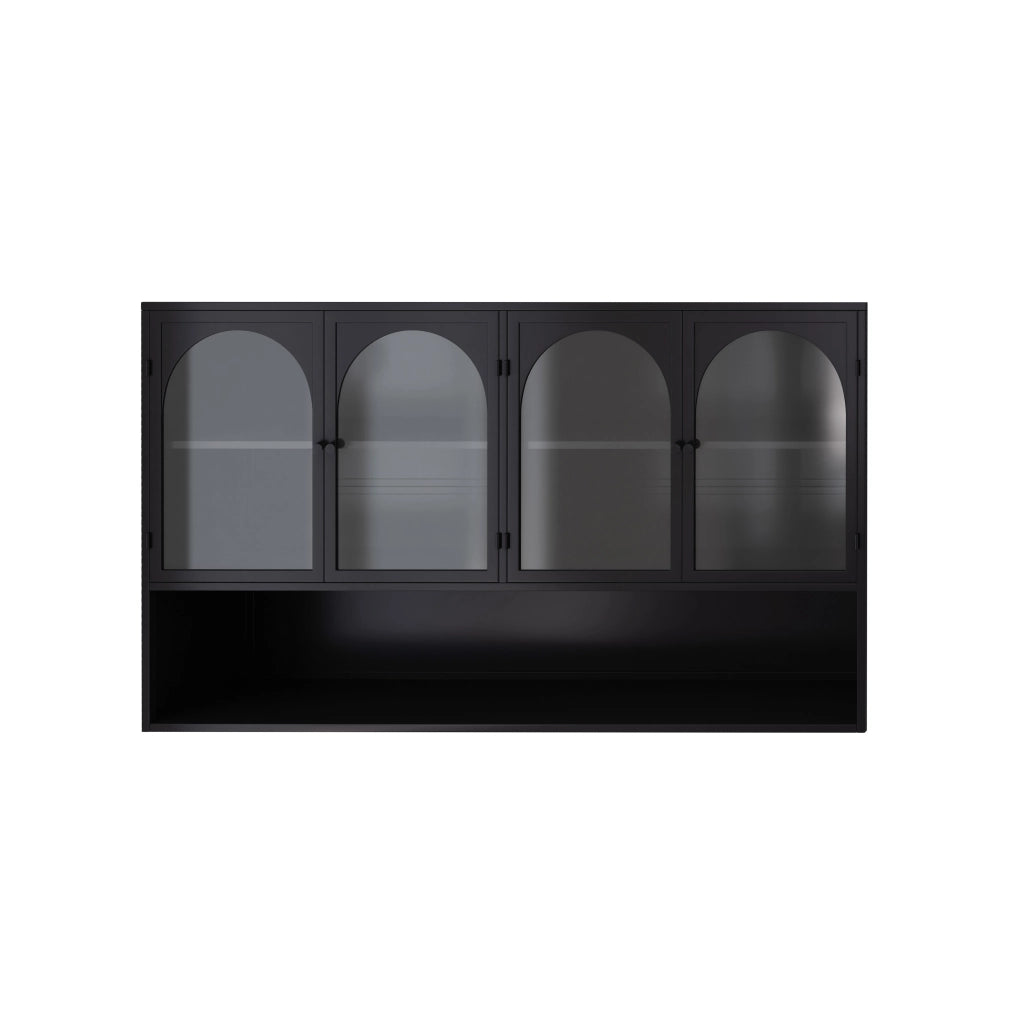 Mobile pensile con 4 ante in vetro e metallo per cucina e soggiorno nero 120 × 23 × 70 cm