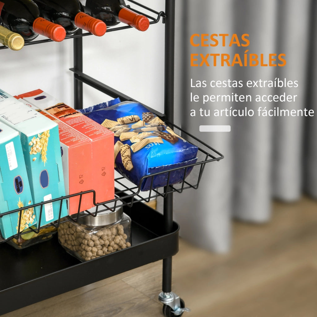 Carrello Multiuso per Cucina con Cestino e Portabottiglie ¨C Zephmum ¨C Nero 60.5x35.5x75 cm