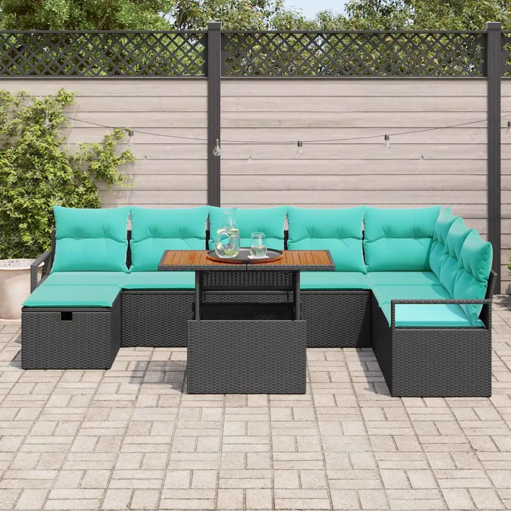Set Divano da Giardino con cuscino 9 pcs Nero polyrattan