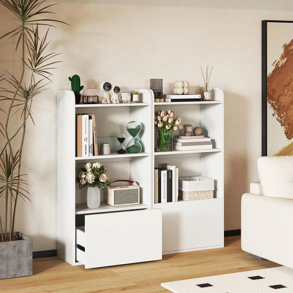 Libreria a 3 Ripiani con Cassetto, Scaffale in Legno Aperto, Armadietto da Terra per Documenti, Portaoggetti con Anti-Ribaltamento per Soggiorno, Ufficio, Cucina, 55 x 29 x 105 cm (Bianco)