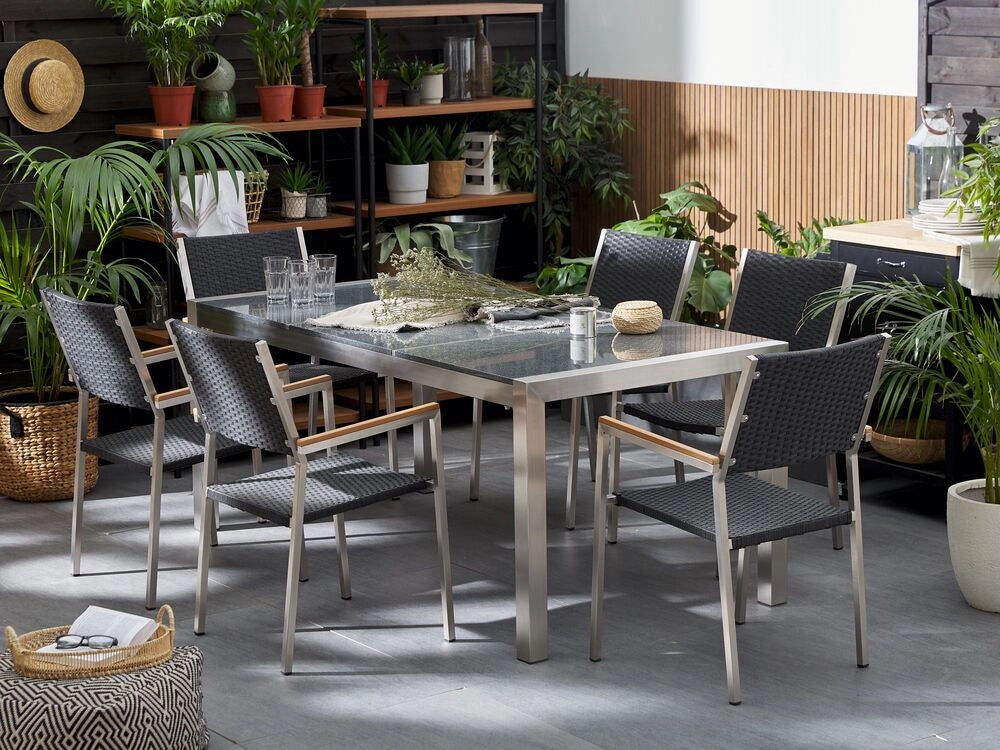 Set da pranzo da giardino Nero con piano in granito Nero sedie in rattan 6 posti 180 x 90 cm