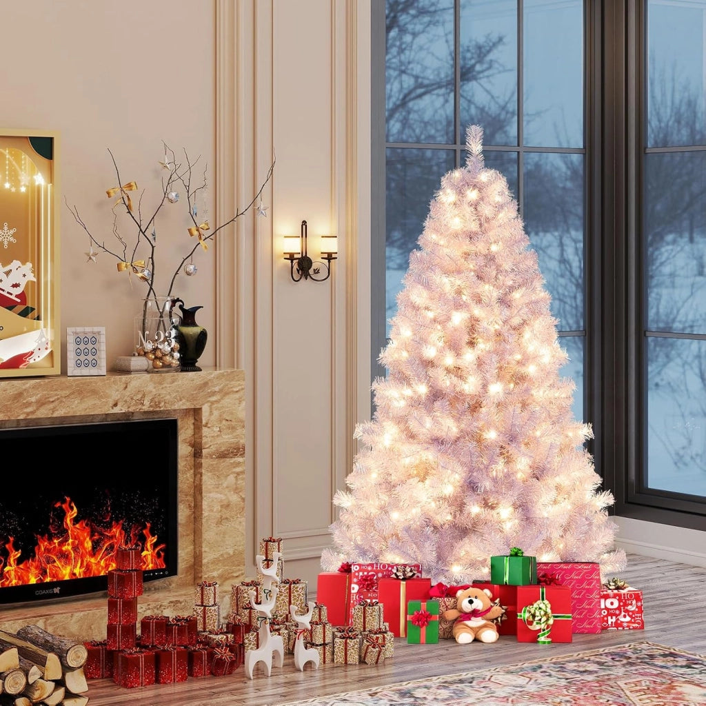 Albero di Natale 180 cm, Albero di Natale Preilluminato con 688 Rami Folti, 250 Luci LED Bianco Caldo, 8 Modalità e Base, Decorazione Natalizia per Casa e Ufficio (Viola, 180 cm)