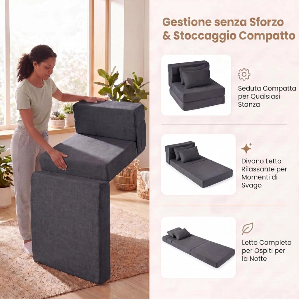 Divano Letto 2 Posti Pieghevole, 3 in 1 Divanetto Trasformabile con 2 Cuscini, Schiuma ad Alta Densità e Rivestimento in Tessuto Chenille, Poltrona Letto per Soggiorno (Grigio,72 x 76 x 58 cm)