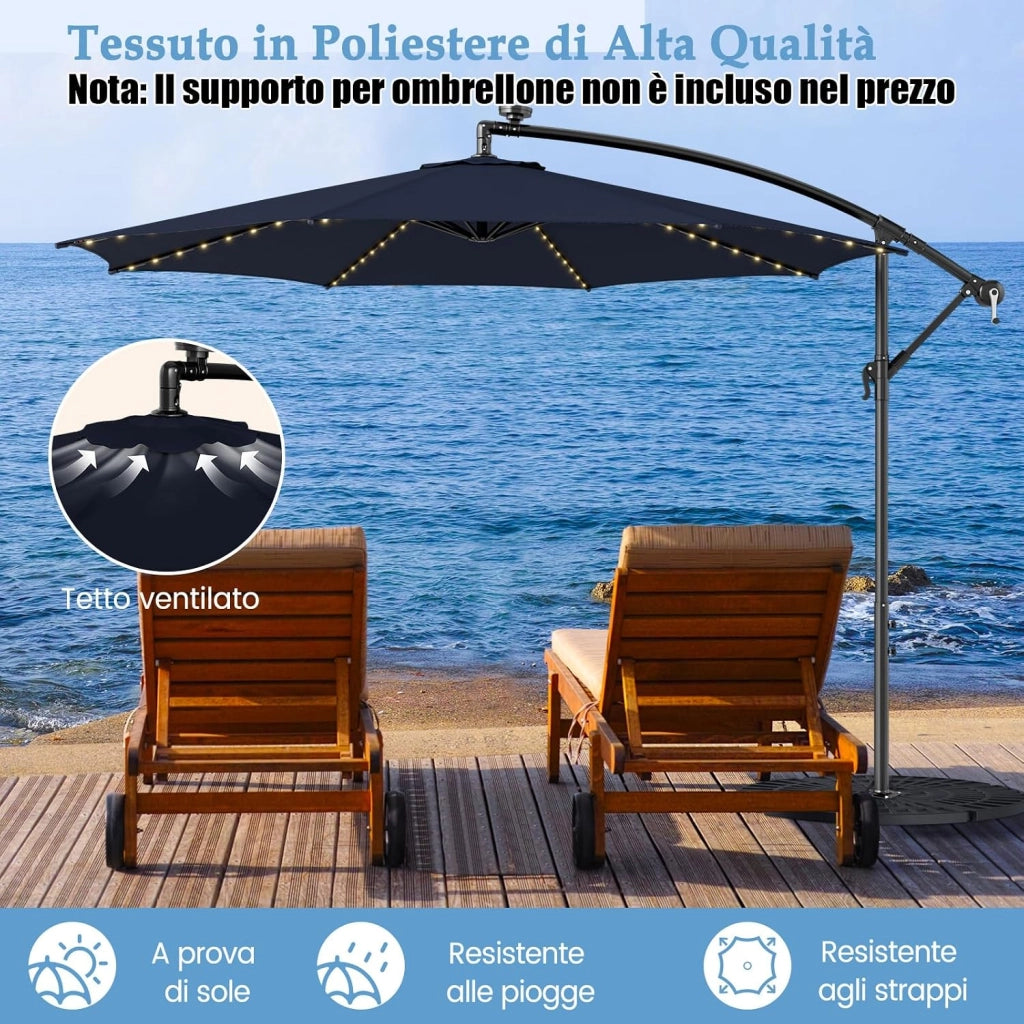 Ombrellone da Giardino ∅303 cm Decentrato, con 112 Luci LED ad Energia Solare, con Manovella, Inclinazione Regolabile, 8 Stecche, Ombrellone da Esterno per Giardino Piscina Cortile (Marino)