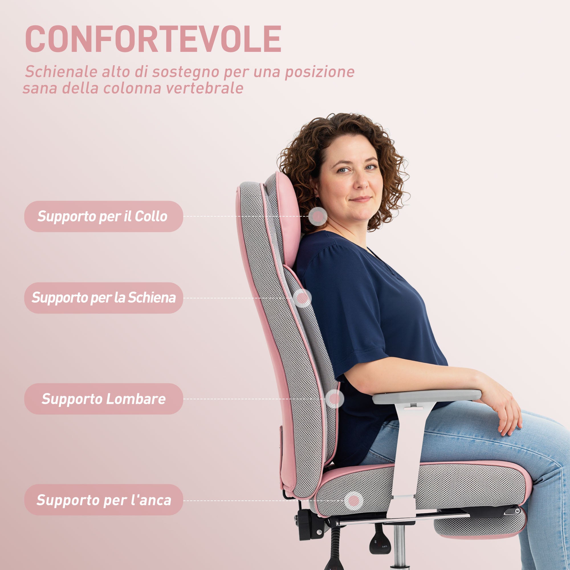 Sedia da Ufficio Ergonomica Rinforzata con Braccioli Regolabili Poggiapiedi e Poggiatesta in PU Rosa
