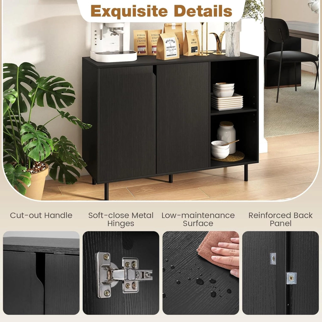 Credenza Cucina Bianca, Armadio Dispensa con Ante, Ripiano Regolabile in 5 Livelli e Dispositivo Anti-Ribaltamento, Mobile Buffet per Soggiorno e Corridoio, 106x38x80cm (L x P x A) (Nero)