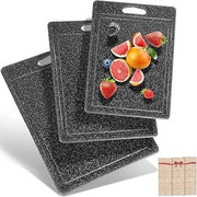 Set di taglierini, 3 pezzi, finitura granito, adesivi antiscivolo 100%, canale per residui, BPA libero, con manico, taglierini in plastica, antibatterico, lavabile in lavastoviglie, piatto da colazione