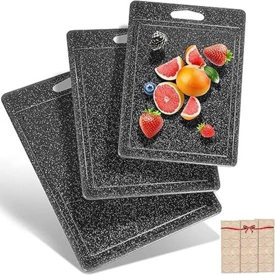 Set di taglierini, 3 pezzi, finitura granito, adesivi antiscivolo 100%, canale per residui, BPA libero, con manico, taglierini in plastica, antibatterico, lavabile in lavastoviglie, piatto da colazione