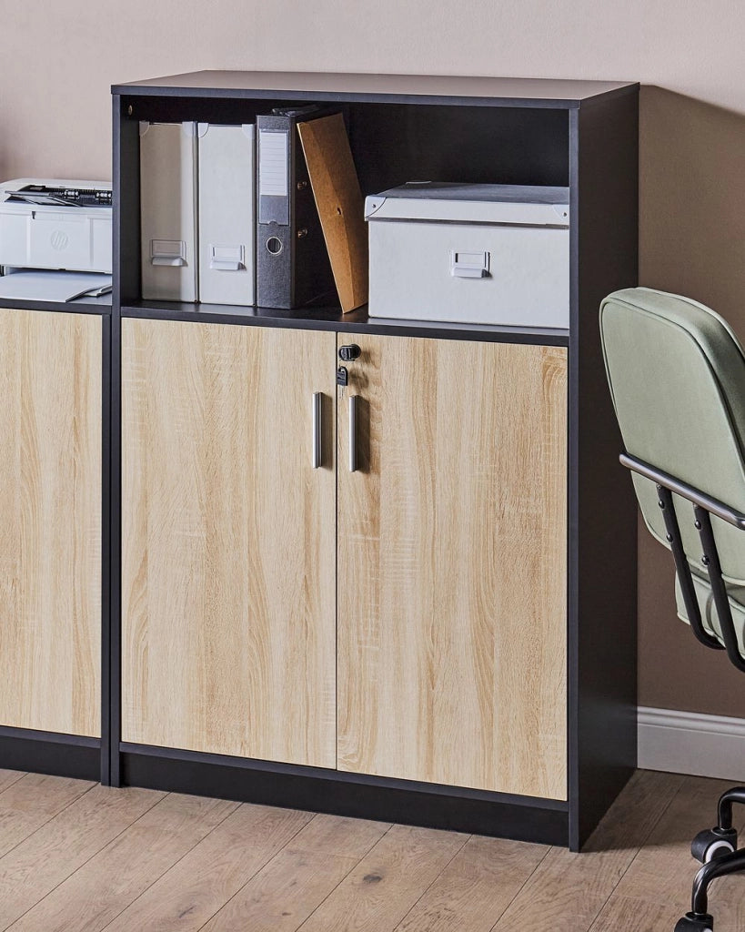 Armadietto moderno con 2 ante e scaffale aperto con chiusura a chiave legno chiaro e nero ufficio di casa stile moderno