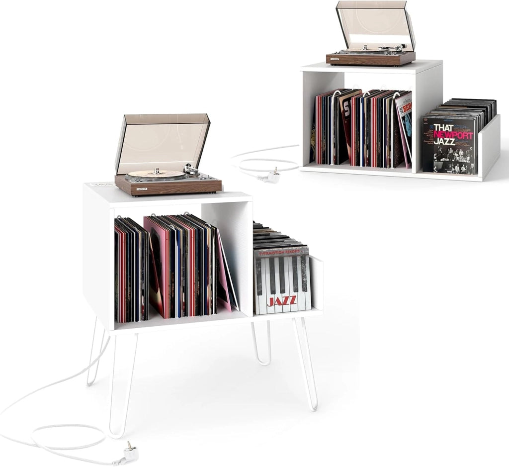Supporto per Giradischi con Stazione di Ricarica, Porta Dischi Vinile Vintege con Pareti Divisorie e Ripiano Laterale, Espositore per Dischi in Vinile Fino a 145 Album, 66x45x67cm (Bianco)
