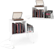 Supporto per Giradischi con Stazione di Ricarica, Porta Dischi Vinile Vintege con Pareti Divisorie e Ripiano Laterale, Espositore per Dischi in Vinile Fino a 145 Album, 66x45x67cm (Bianco)