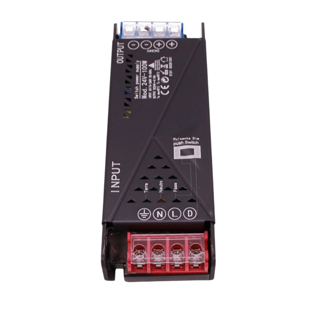 Alimentatore Trasformatore 24V Push Dimmer, Dimmerabile Con Pulsante NO (10-100%), Memoria Dopo Blackout, Spegnimento Soft, 2 Uscite, Input 220V IP20, Disponibili 100W 200W 300W 400W (100W)