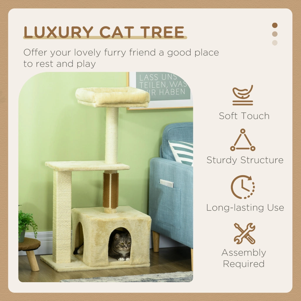 Easycomfort Albero per Gatti con Paletto, Casetta per Gatti, Tiragraffi e Posatoio, 60x40x108 cm, Beige