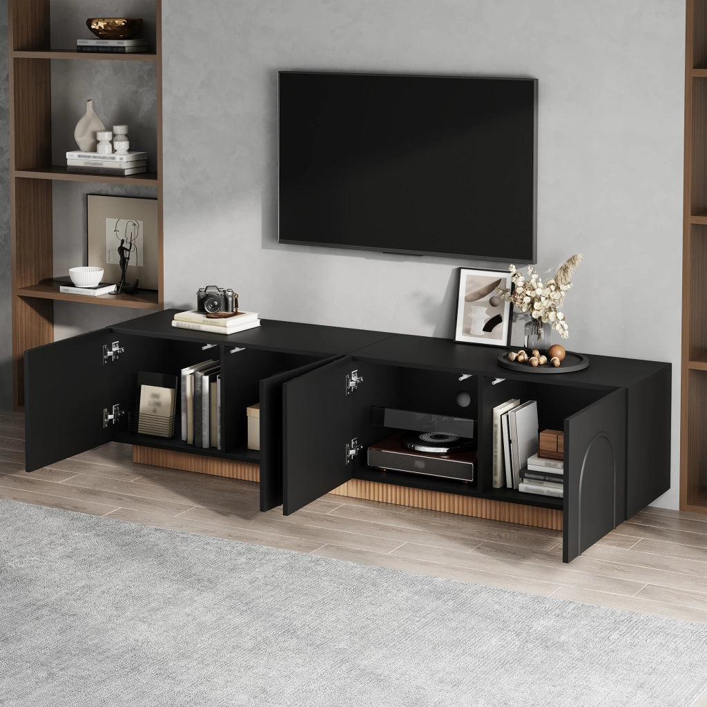 Mobile Porta TV Nero Basso 170 cm in MDF con 4 Ante e Design Curvo