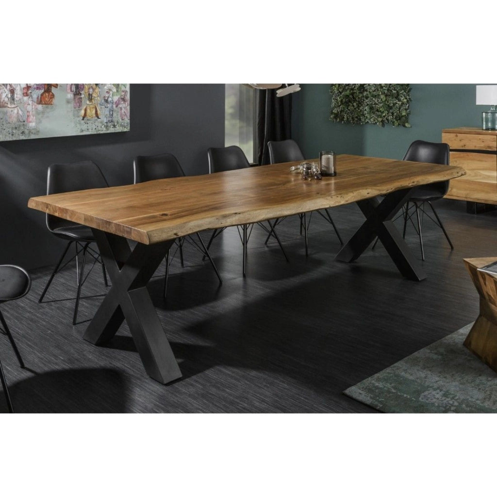 Tavolo da pranzo ARKAYA 240 cm – Piano in legno massiccio di acacia verniciato e gambe in metallo nero a X