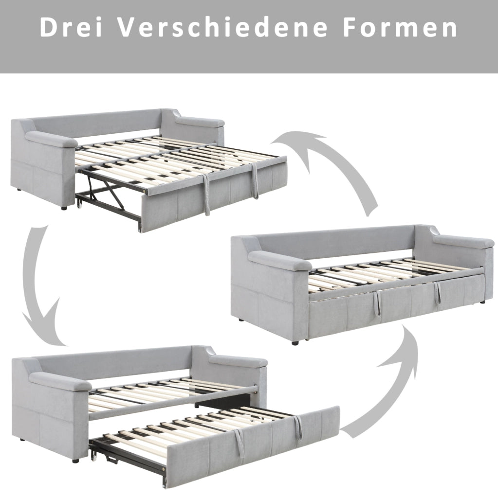 Divano letto imbottito 90/180x190 cm con Bluetooth, USB e ripiani, tessuto velluto grigio chiaro