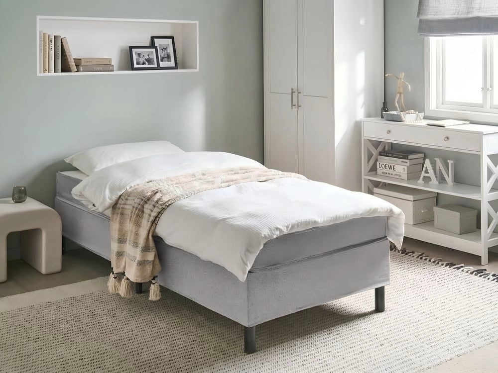 Letto singolo con rete in tessuto 90 x 200 cm con materasso a molle insacchettate senza testiera camera da letto grigio chiaro