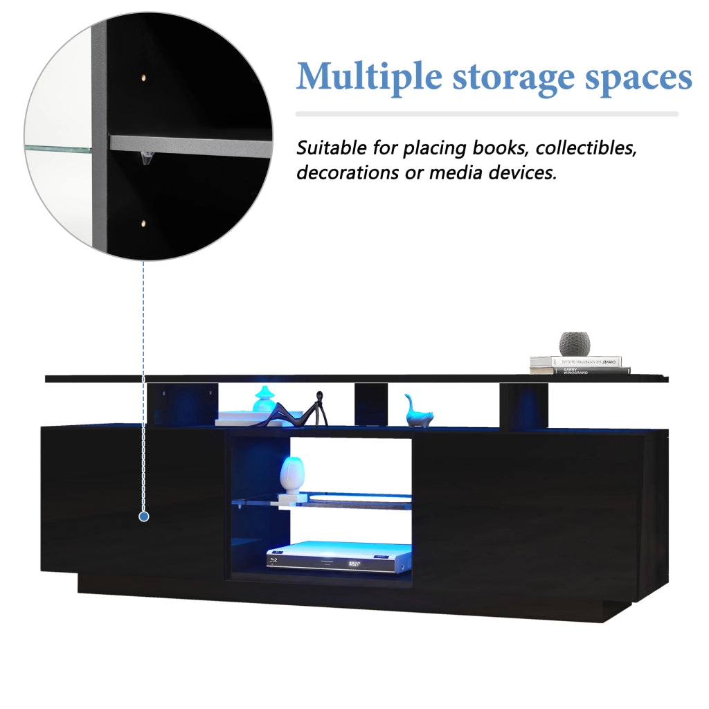 Mobile TV con 2 Ante e 5 Vani Aperti; LED controllato da App; per Soggiorno; in Pannelli di Particelle; 140 × 35 × 55 cm; Nero
