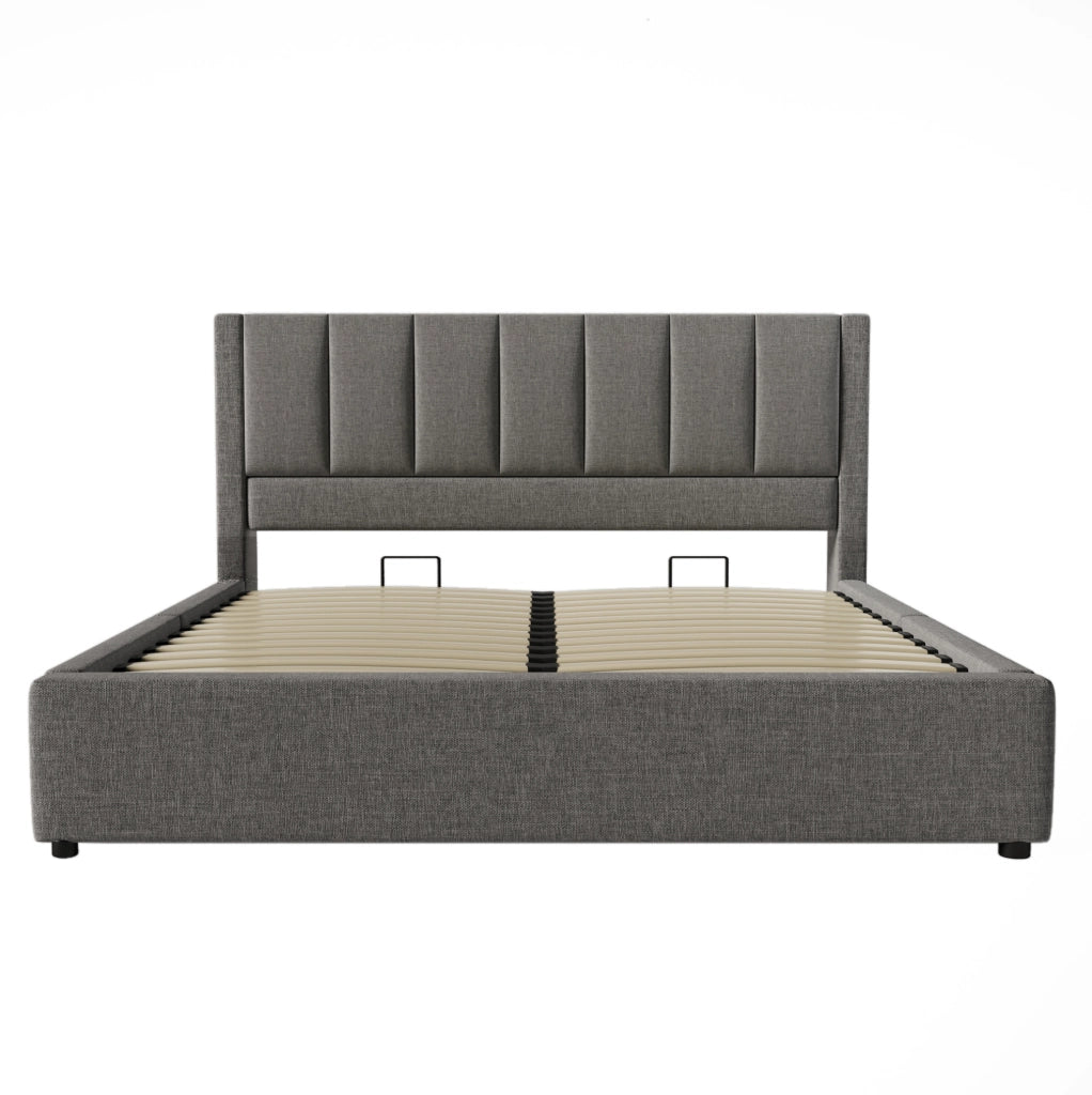 Letto matrimoniale 160x200 cm con contenitore; testiera con portabicchieri e stazione di ricarica; grigio in lino