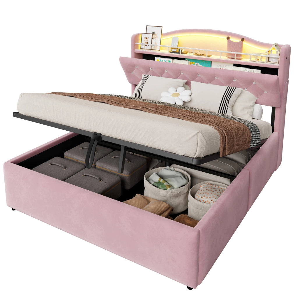 Letto imbottito 140x200 cm con contenitore idraulico; LED; USB/USB-C e rivestimento rosa