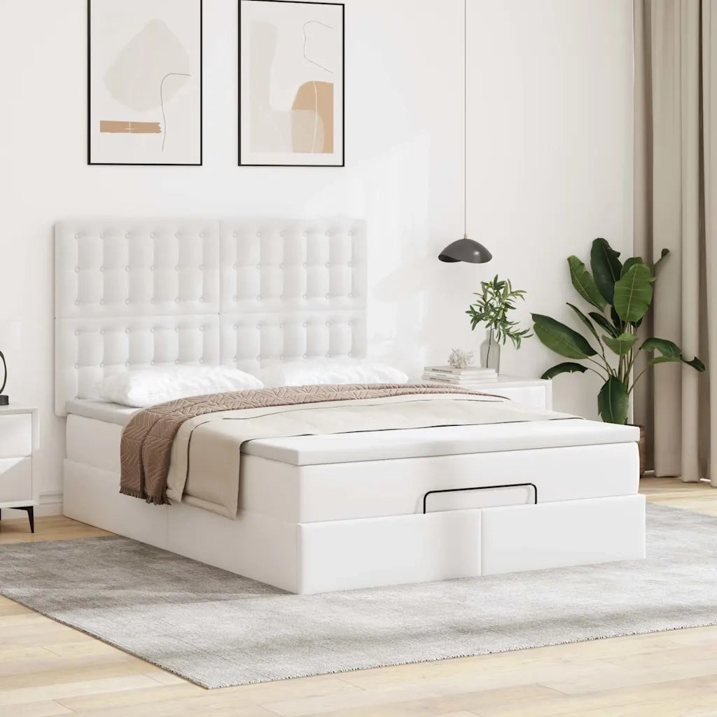vidaXL Struttura Letto Pouf con Materasso Bianco 140x200 cm Similpelle