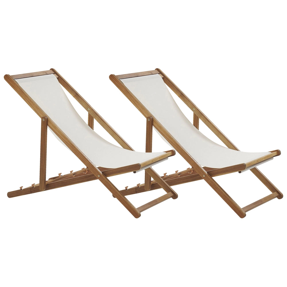 Set di 2 sedie a sdraio da giardino con seduta in tessuto bianco sporco e struttura in legno di acacia chiaro sdraio reclinabili e pieghevoli