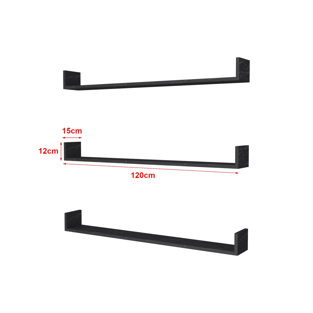 Set 'Höganäs' 3 Mensole da Muro - Consolli Pensili con Piano d'Appoggio a Forma di U - Largo 120 cm - Effetto Marmo Nero [en.casa]