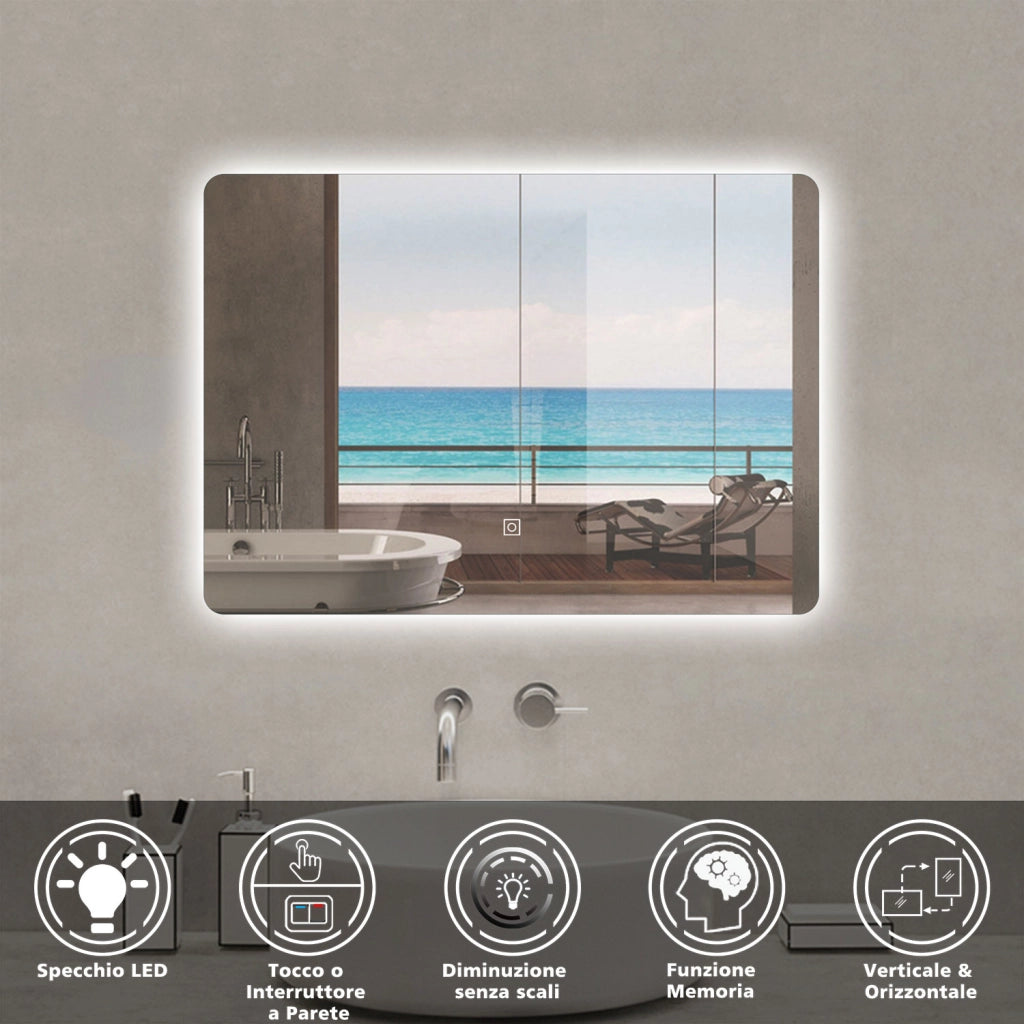 Aica Specchio da bagno a LED+90x60cm+Infinitamente Dimmerabile+Funzione Memoria+Estetica Elegante