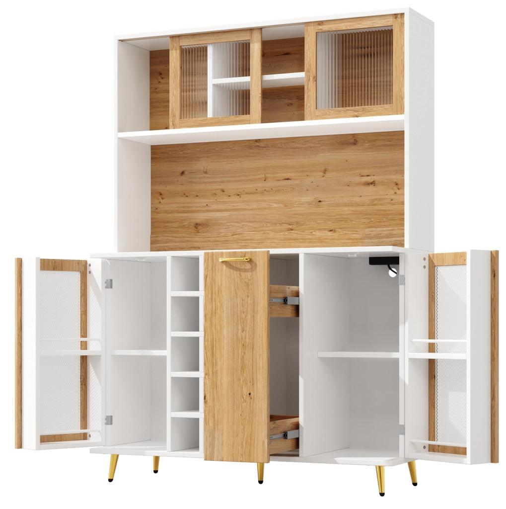Credenza con illuminazione LED; portabottiglie e presa integrata in MDF bianco e naturale