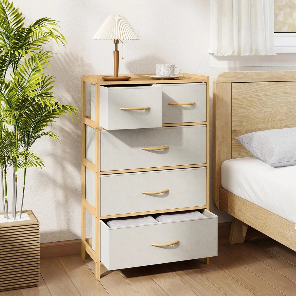 Cassettiera con 5 cassetti pieghevoli in tessuto, armadio con cassetti e telaio in bambù, armadio portaoggetti in tessuto, organizer per soggiorno, 58 x 30 x 94 cm