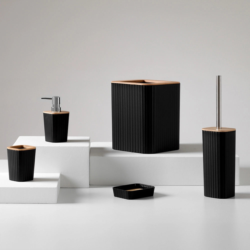 Set accessori bagno nero in plastica e bambù 5 pezzi – Show