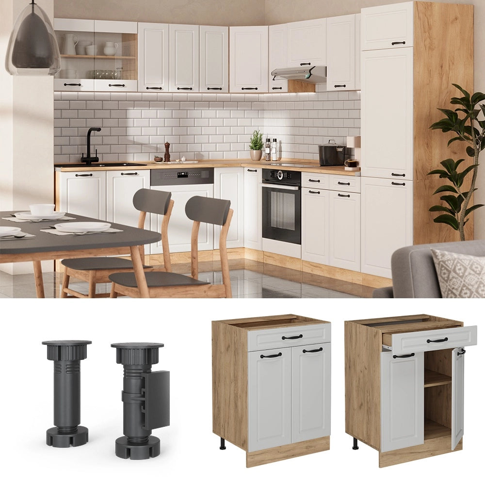 Mobiletto base per cucina R-Line Bianco rustico/Rovere dorato 60 cm con cassetto, senza piano di lavoro Vicco