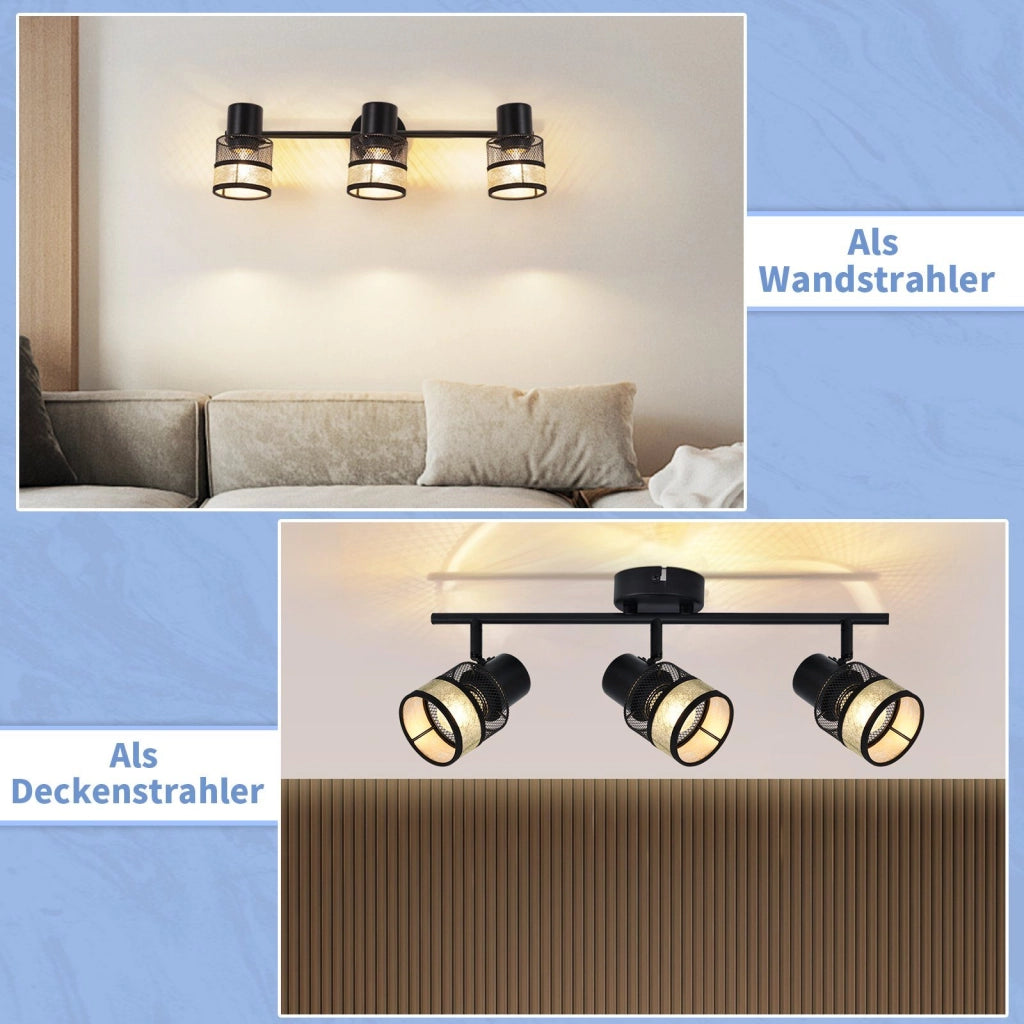 ZMH Faretto da soffitto metallo 3 luci E27 max 25W paralume tessuto girevole 330° per soggiorno