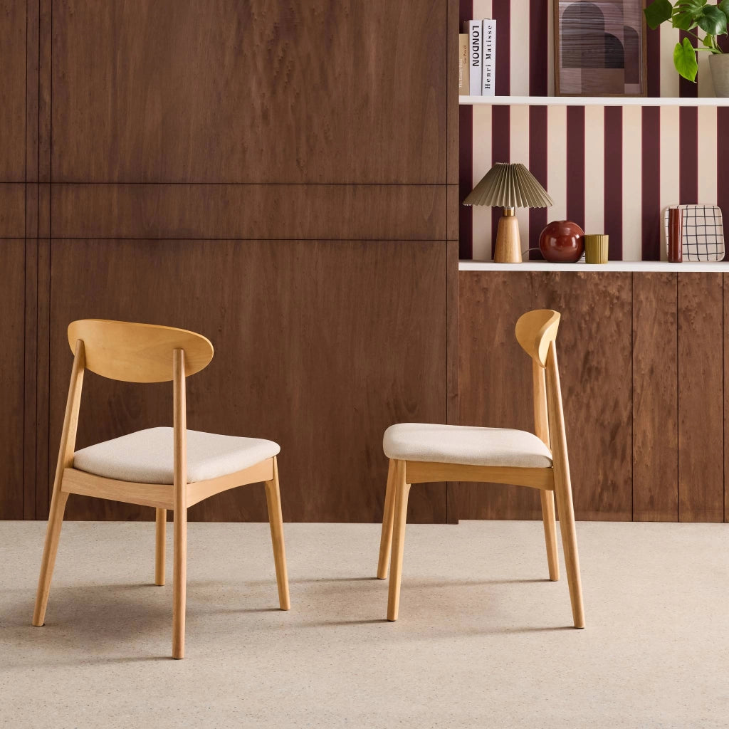 Set 2 sedie vintage in legno di hevea naturale e tessuto, beige
