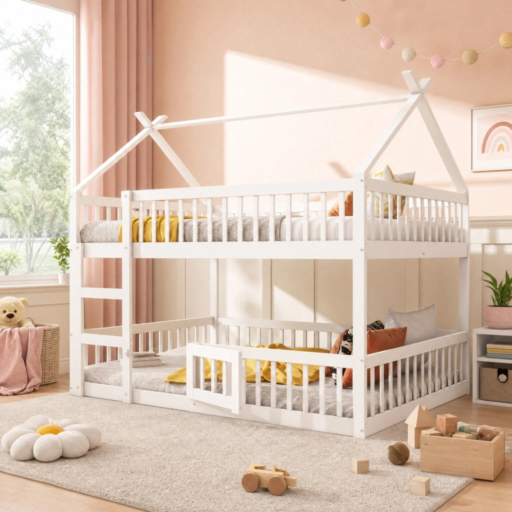 LETTO A CASTELLO 140x200 cm in legno bianco con scala