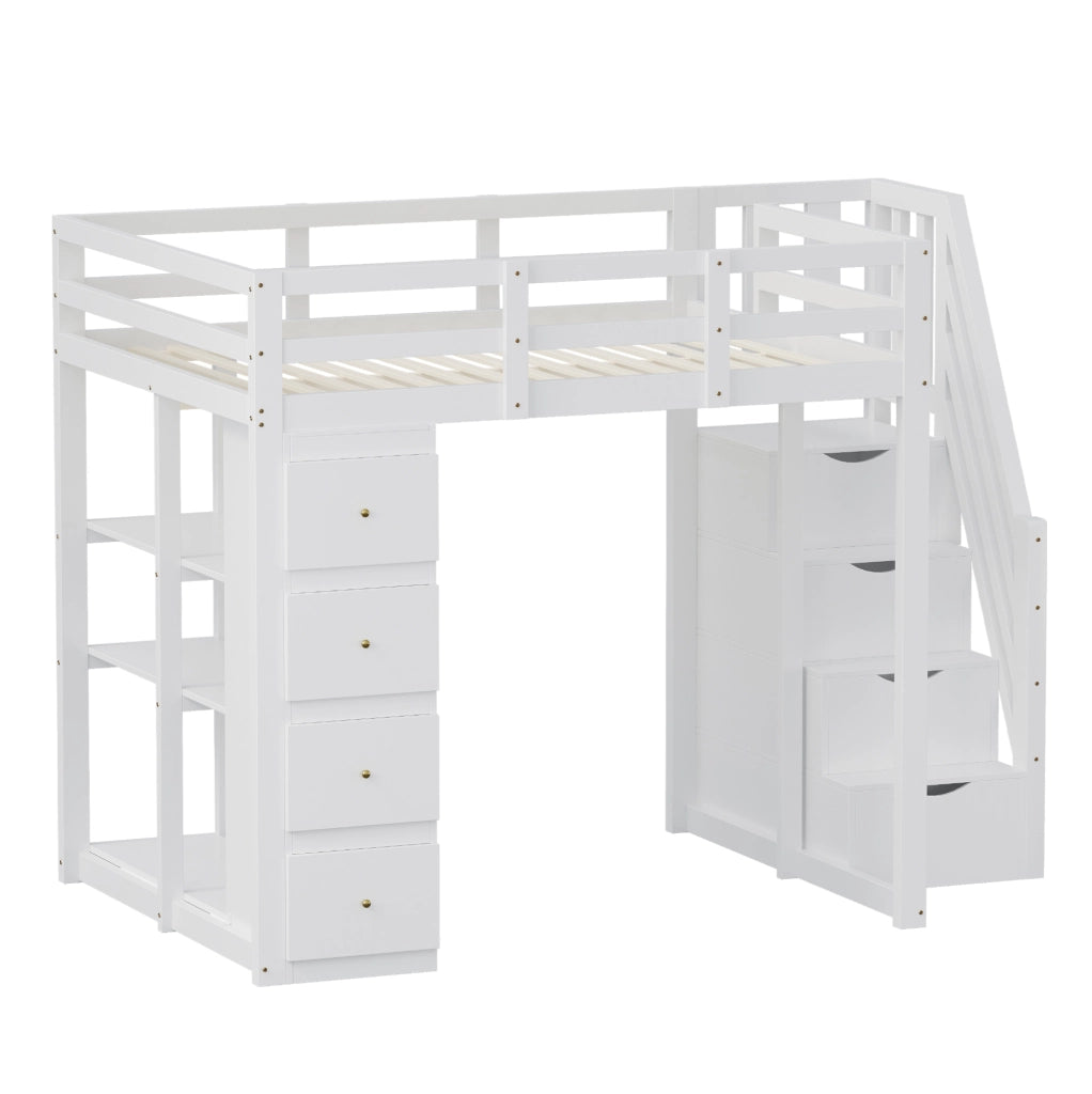 Letto a soppalco 140 x 200 cm bianco con cassetti e scaffale