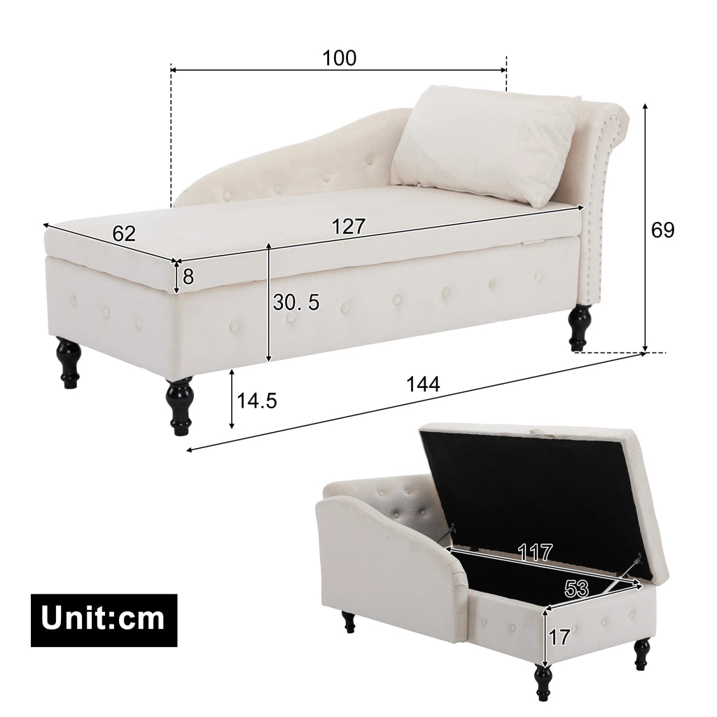 Chaise longue con contenitore in velluto con cuscino e bracciolo destro beige per salotto interno 144 × 62 × 69 cm