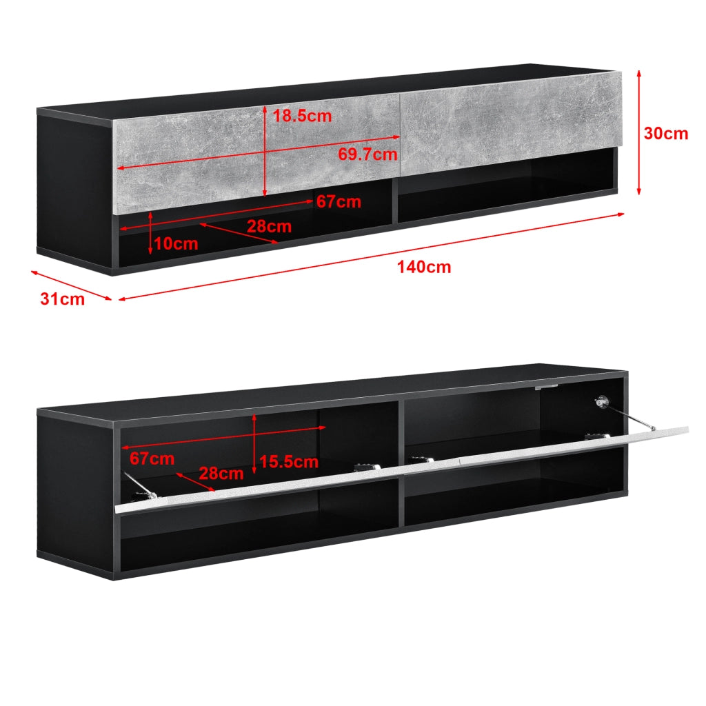 Mobile Porta TV Halmstad da Parete con Ante a Ribalta 140 x 31 x 30 cm - Nero/Effetto Cemento [en.casa]