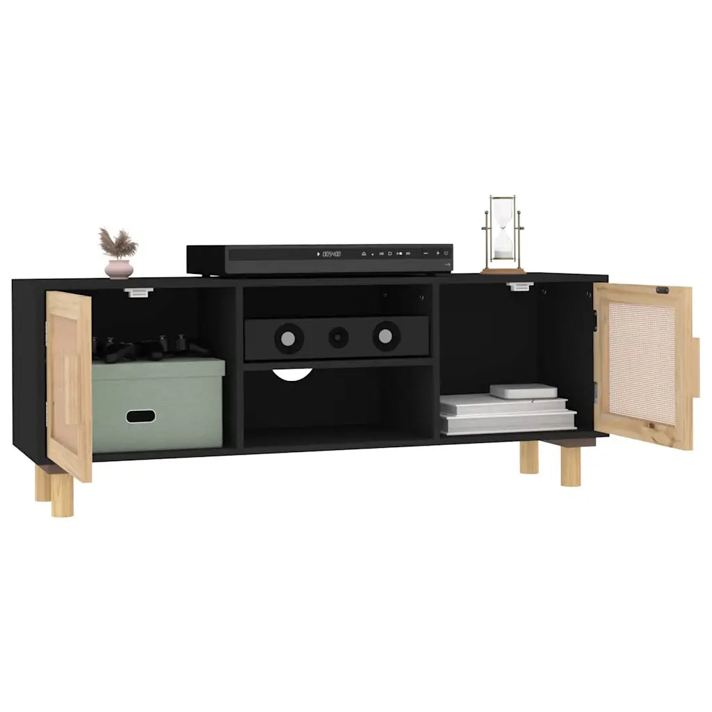 Mobile TV Nero 105x30x40 cm Massello Pino e Rattan Naturale 345616