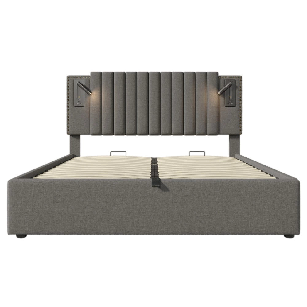 Letto Imbottito Matrimoniale Contenitore con Luce LED e USB ¨C Xylo ¨C Grigio 180x200