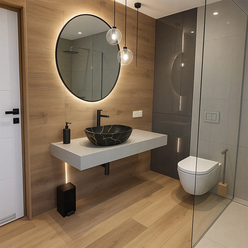 Lavabo da appoggio in ceramica, nero opaco con venature marmorizzate, ovale, 41x34,5 cm