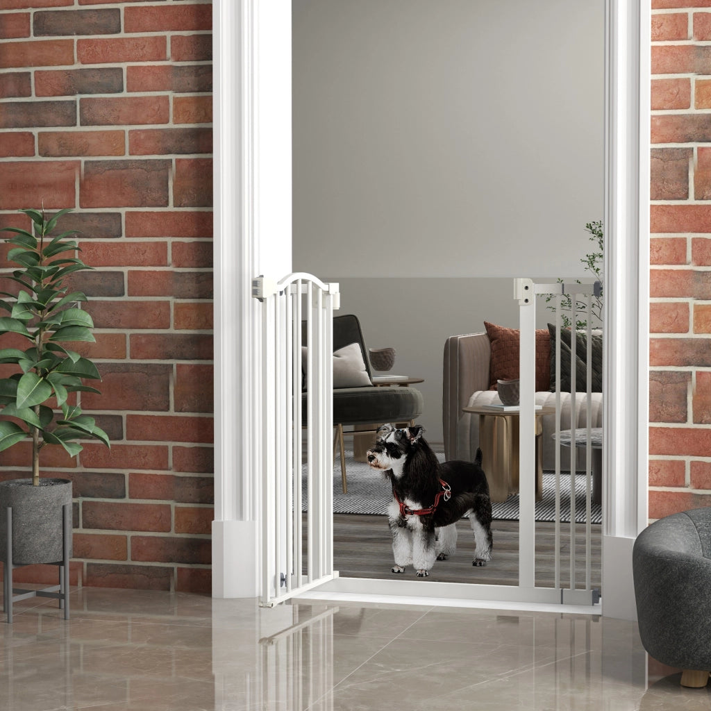 Cancelletto per Cani Estensibile con 2 Blocchi e Chiusura Automatica, in Metallo e Plastica, 74-87x78 cm, Bianco