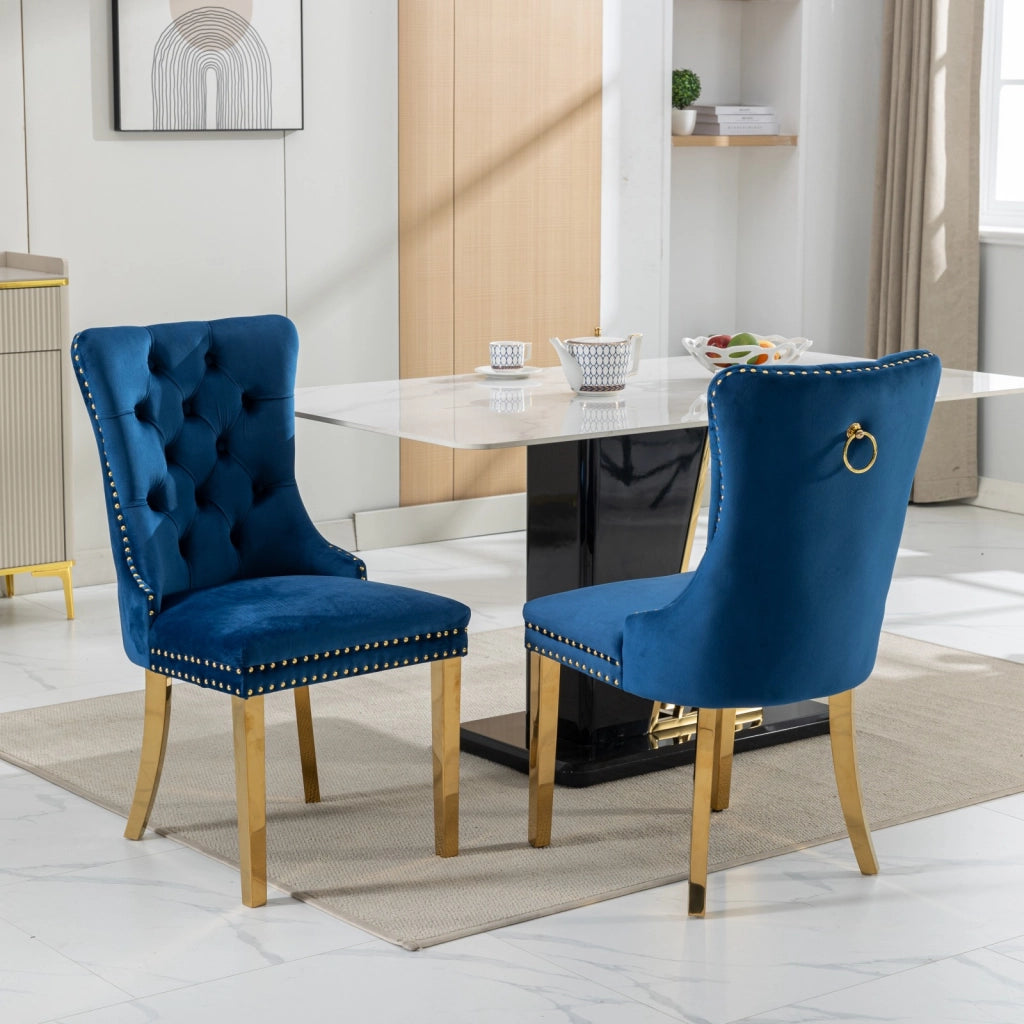 Sedie da Pranzo Imbottite in Velluto ¨C Xylo ¨C Legno Massello, Gambe Oro, Set 2 Pezzi, Blu