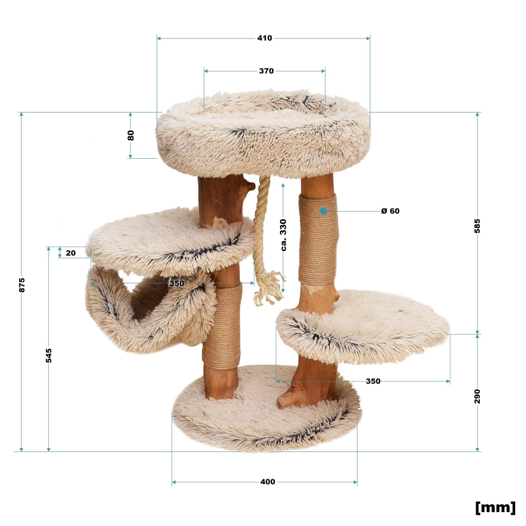 Fudajo Albero tiragraffi di design 87,5 cm con peluche e tronco in legno di pero
