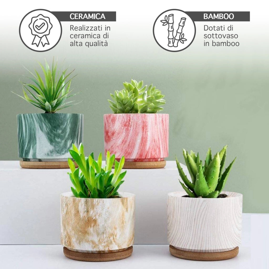 Set 4 Pezzi Vasi In Ceramica Con Decorazioni Fiori Piante Grasse Con Sotto Vaso In Bambù Foro Centrale Vasetti Cactus Decorazione Interno Esterno Con Foro Scarico Contenitore  - 6Shades